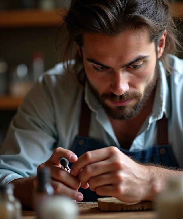Portrait d'un artisan parfumeur concentré sur son travail