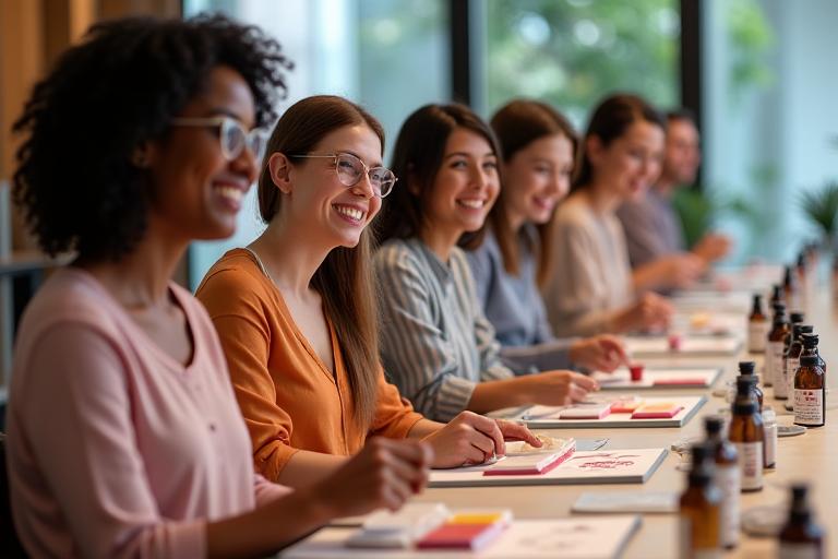 Participants souriants durant un atelier de création de parfum