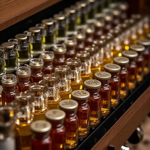 Orgue à parfums avec de multiples fioles d'essences