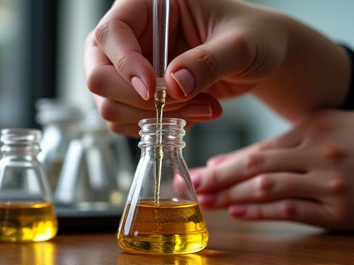 Parfumeur utilisant une pipette pour mélanger des essences dans un bécher